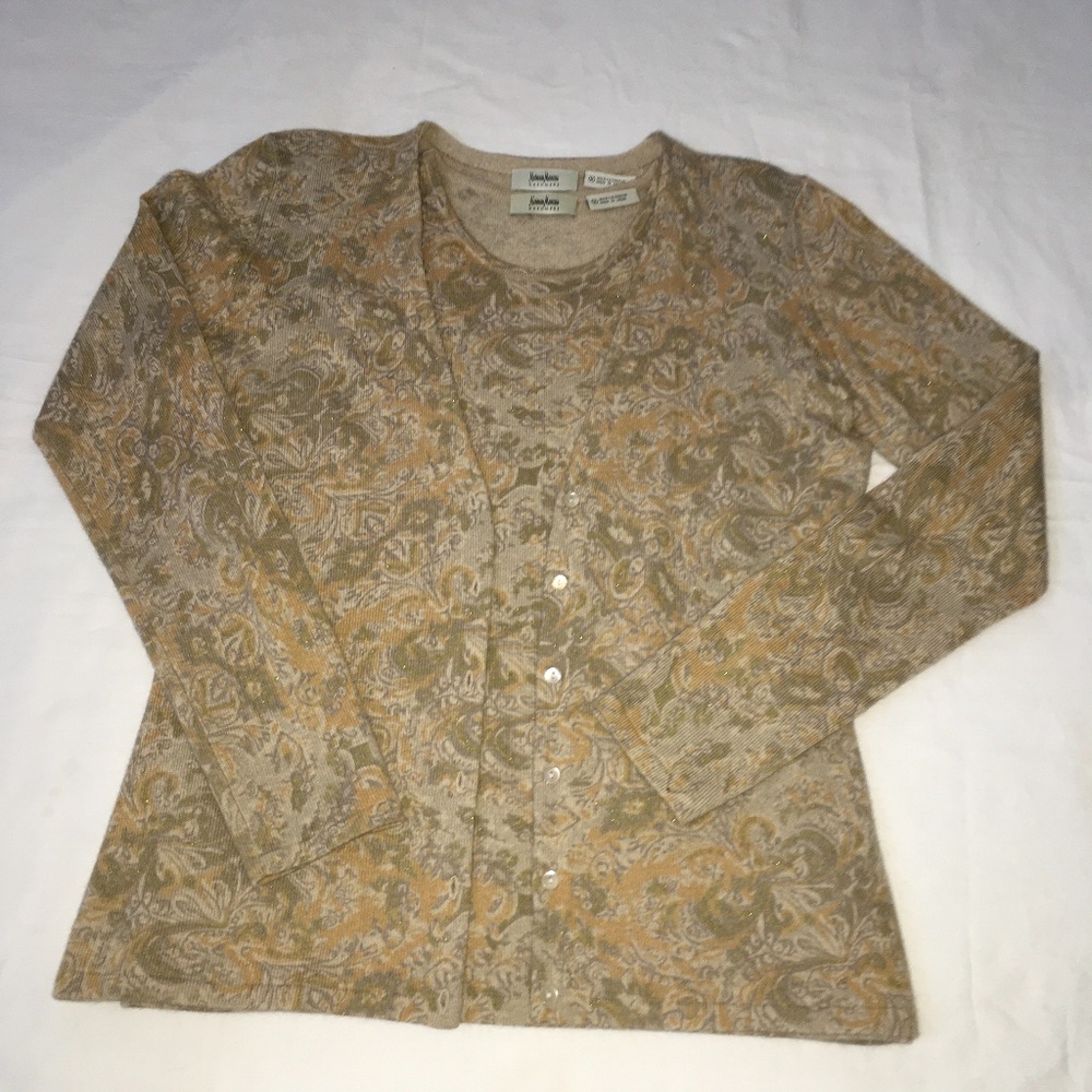NEIMAN MARCUS  100% Cashmere Paisley Twin Sweater Set Medium Green Gold